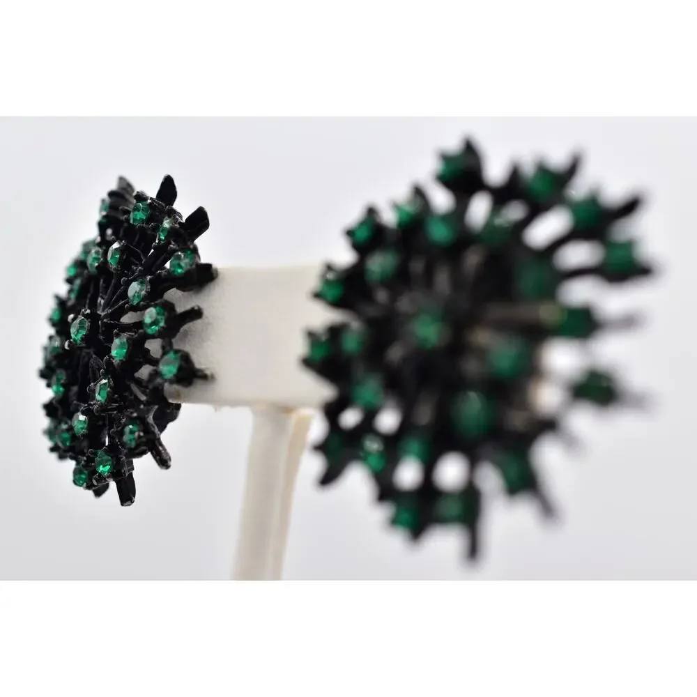 Vintage Crystal Clip On Earrings Starburst Green Rhinestone Black Metal BinBK
